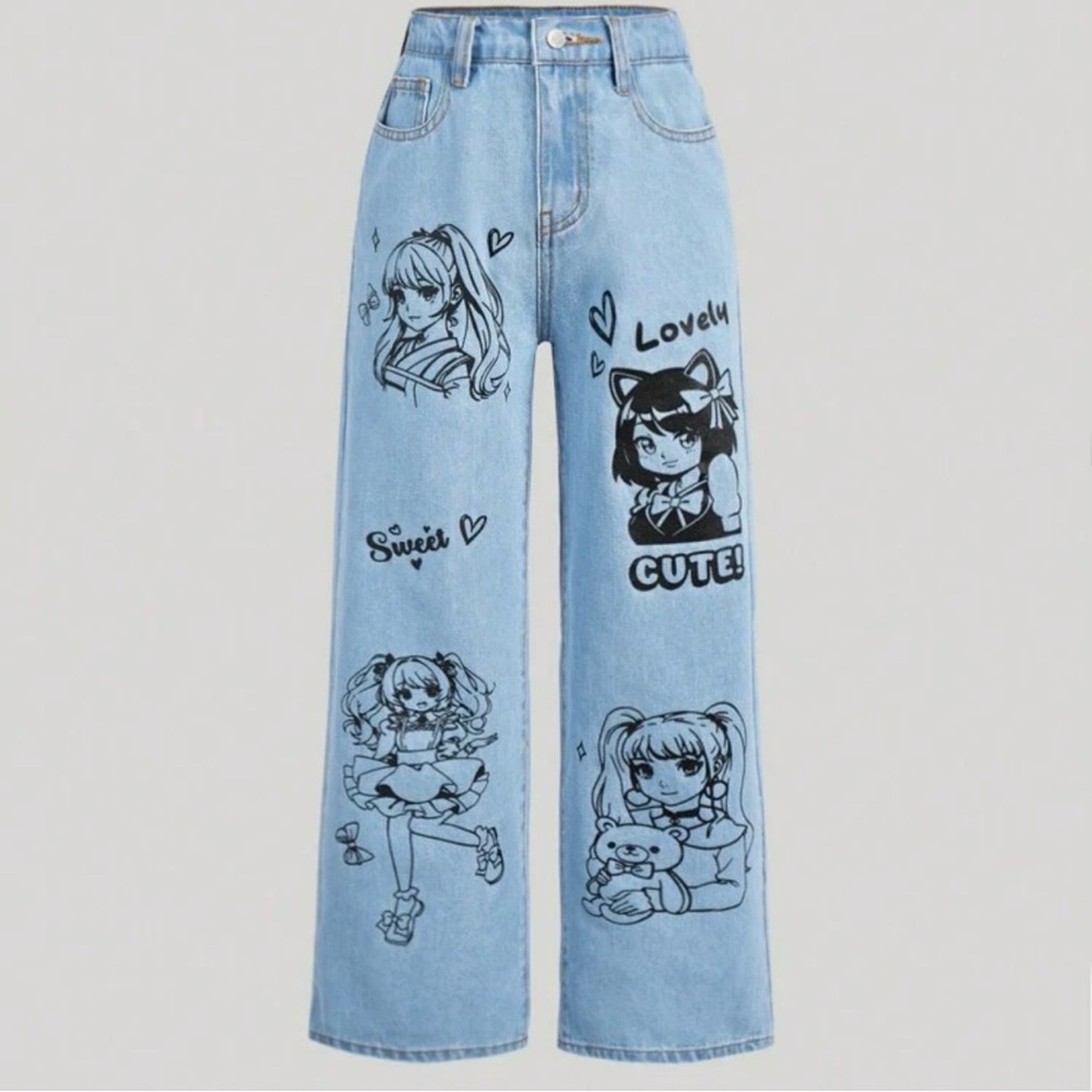 Cartoon Patter& Letter Graphic Anime Y2K Ripped Washed Denim Straight Leg Jeans